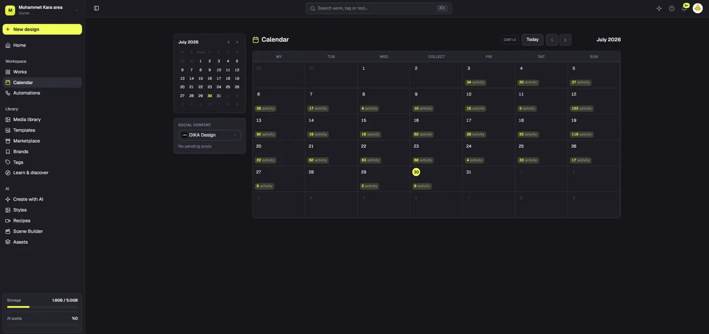 Dika Studio calendar showing scheduled workflow and campaign activity
